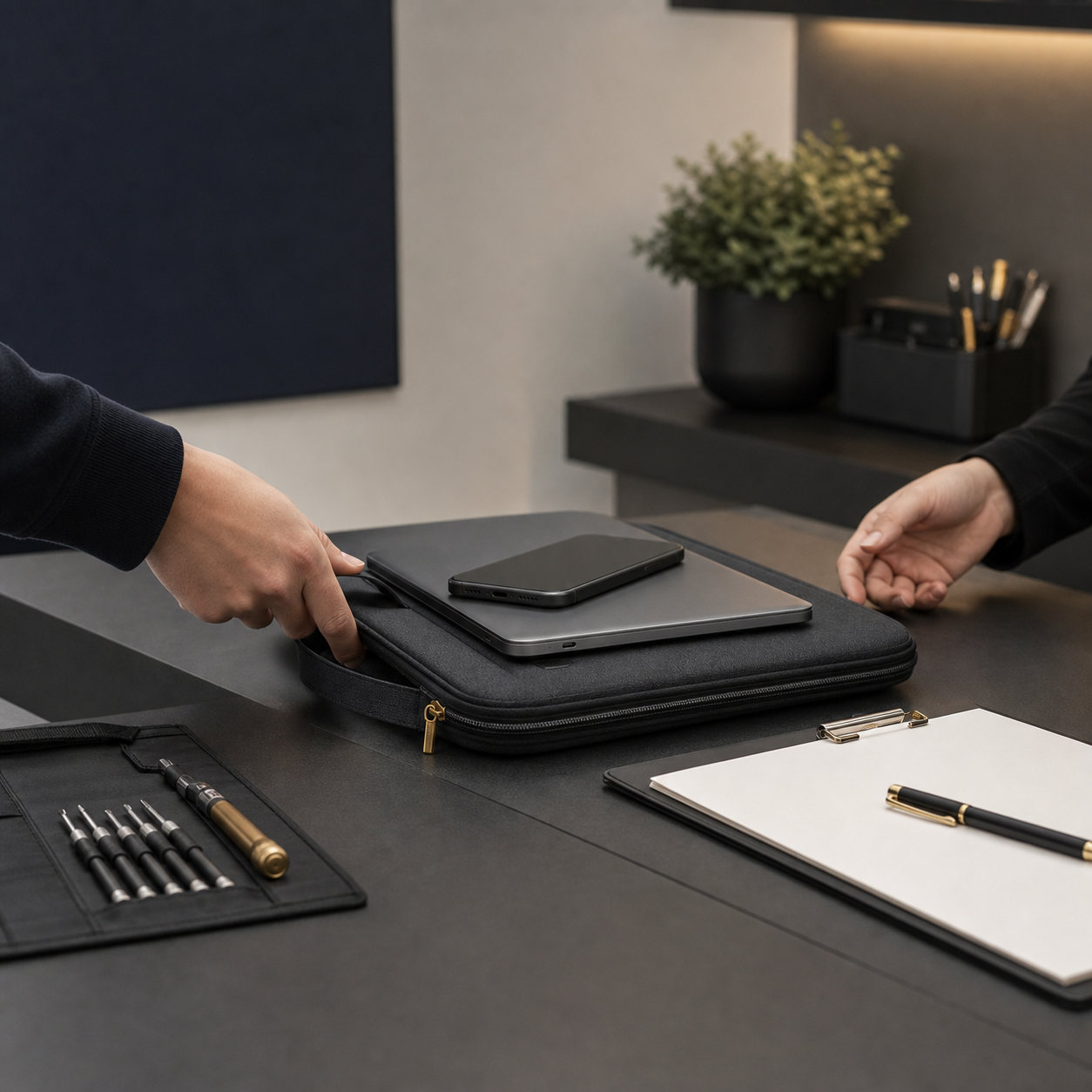 Remise d'un ordinateur portable et d'un t&eacute;l&eacute;phone pour v&eacute;rification avant achat