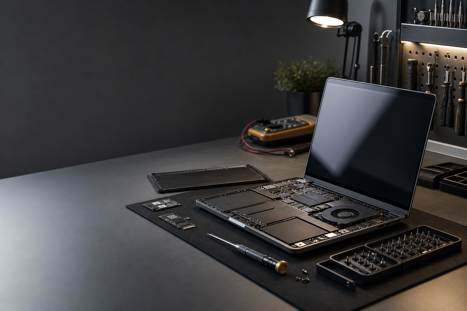 Atelier informatique avec un ordinateur portable ouvert et des outils de diagnostic