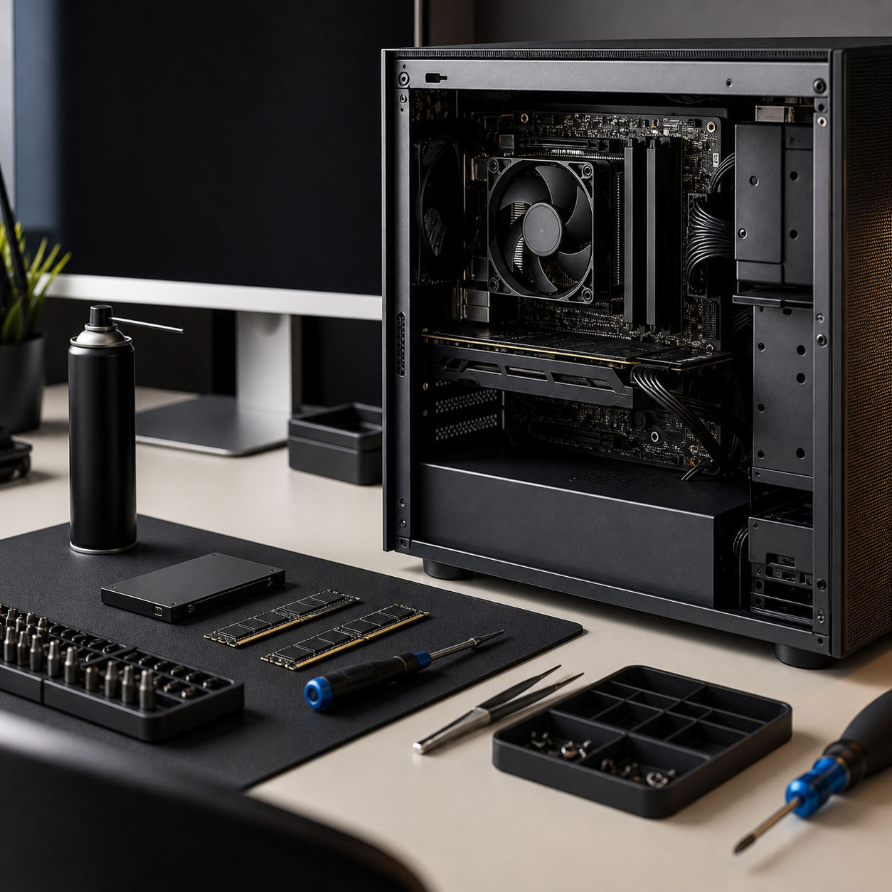 Ordinateur de bureau ouvert avec composants et outils de r&eacute;paration