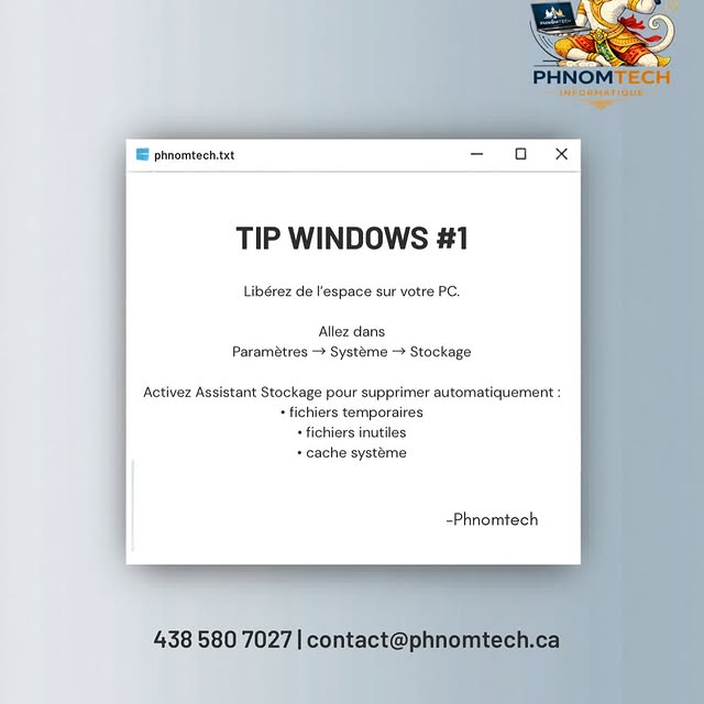 Publication Instagram PhnomTech sur l'optimisation d'un PC Windows